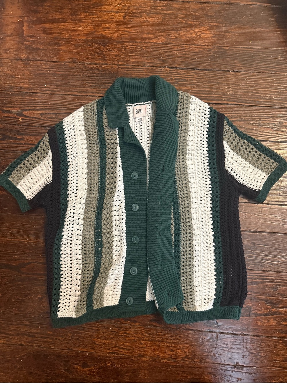 BDG Striped Crochet Button-Front Shirt Jacket - Green, White, Black, Tan